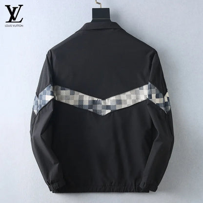 Checker‑Panel Zip‑Up Stand‑Collar Jacket