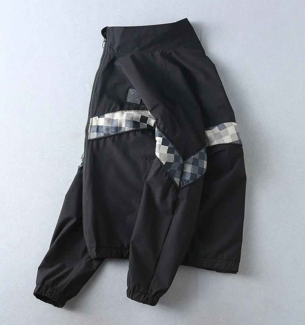 Checker‑Panel Zip‑Up Stand‑Collar Jacket