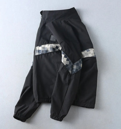 Checker‑Panel Zip‑Up Stand‑Collar Jacket