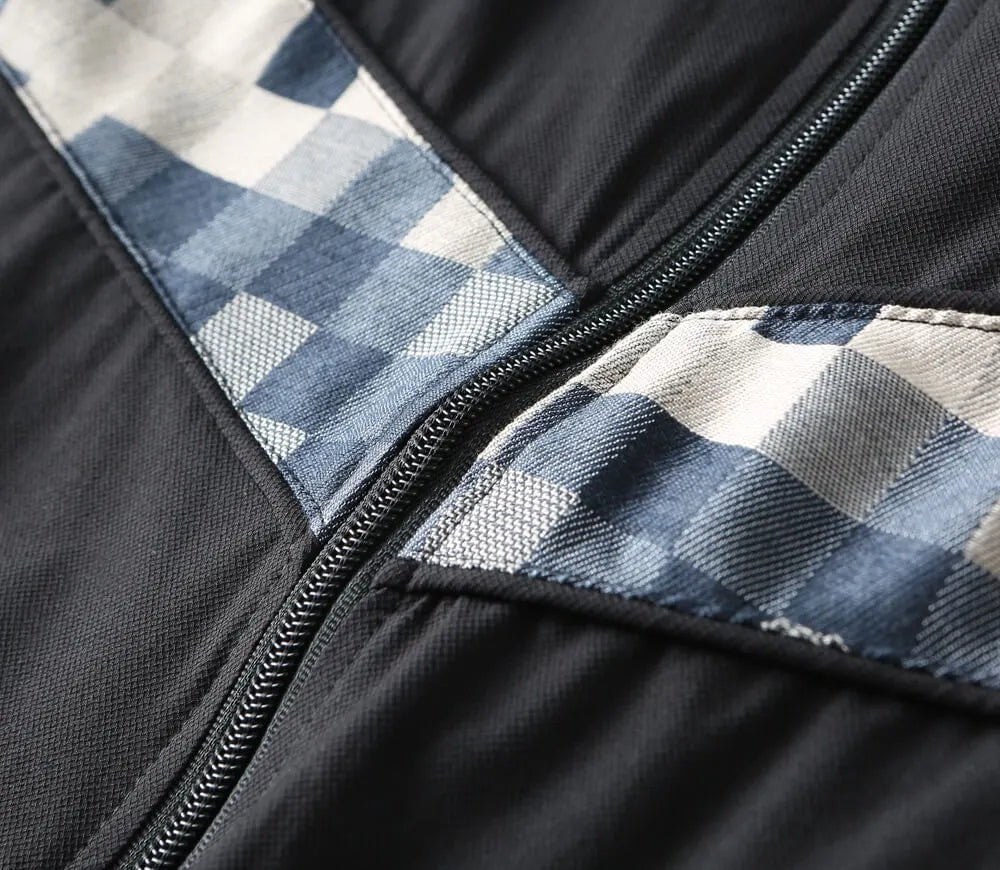 Checker‑Panel Zip‑Up Stand‑Collar Jacket