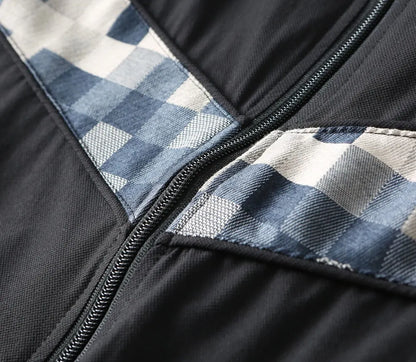 Checker‑Panel Zip‑Up Stand‑Collar Jacket