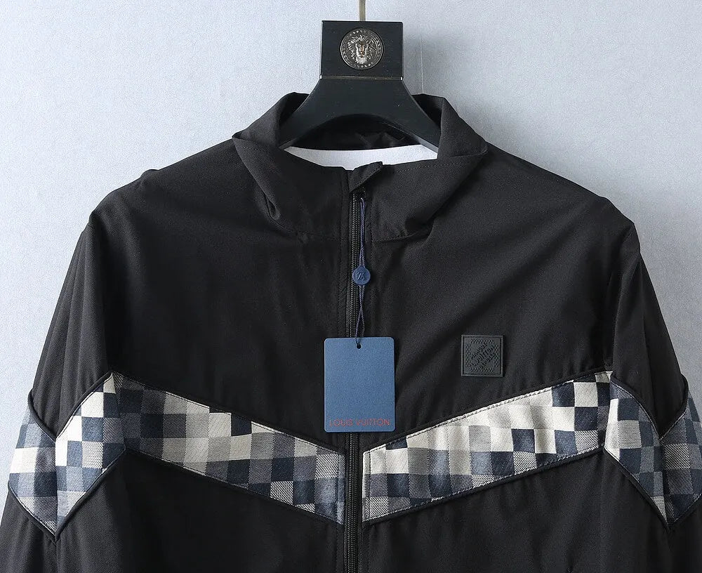 Checker‑Panel Zip‑Up Stand‑Collar Jacket
